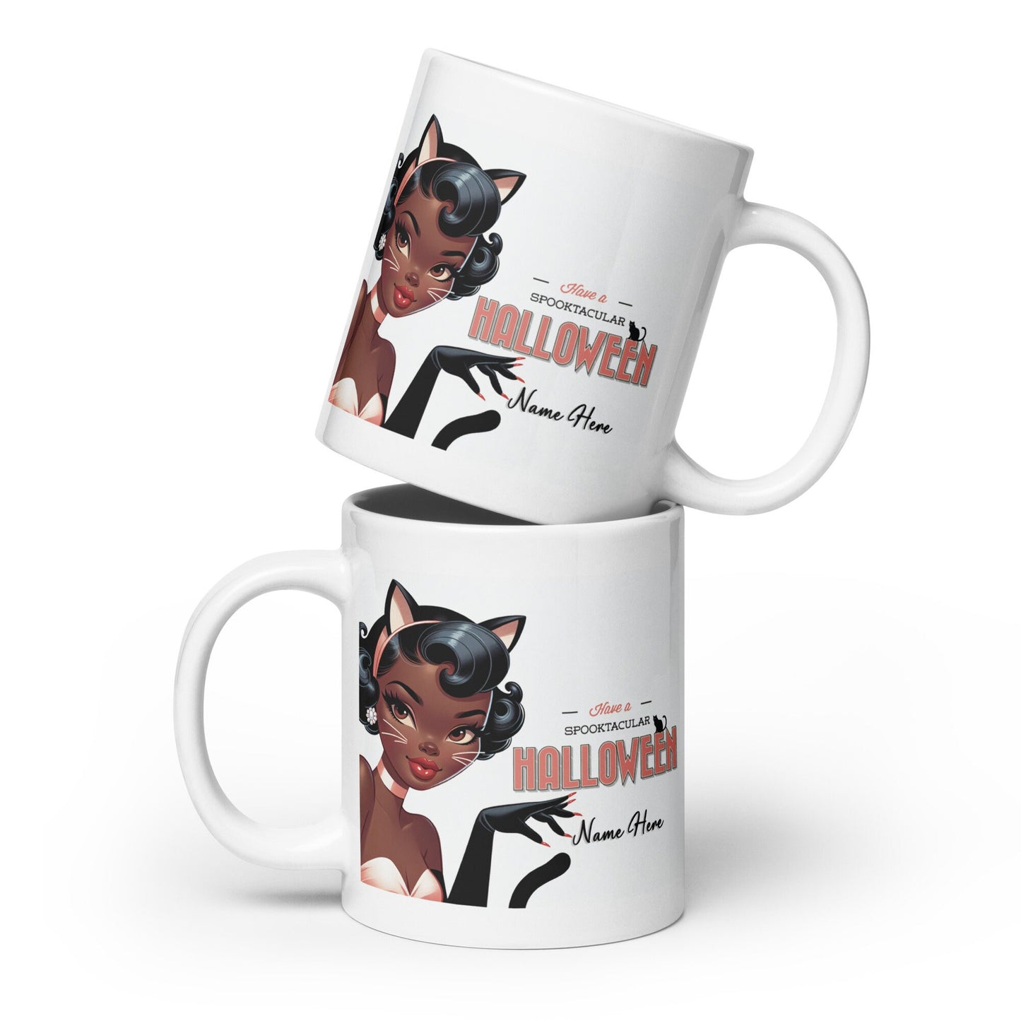 Happy Halloween Sexy Black Pin Up in Black Kitty Costume White glossy mug | Personalized Halloween Aesthetic Mug | Retro Black Pin Up Mug