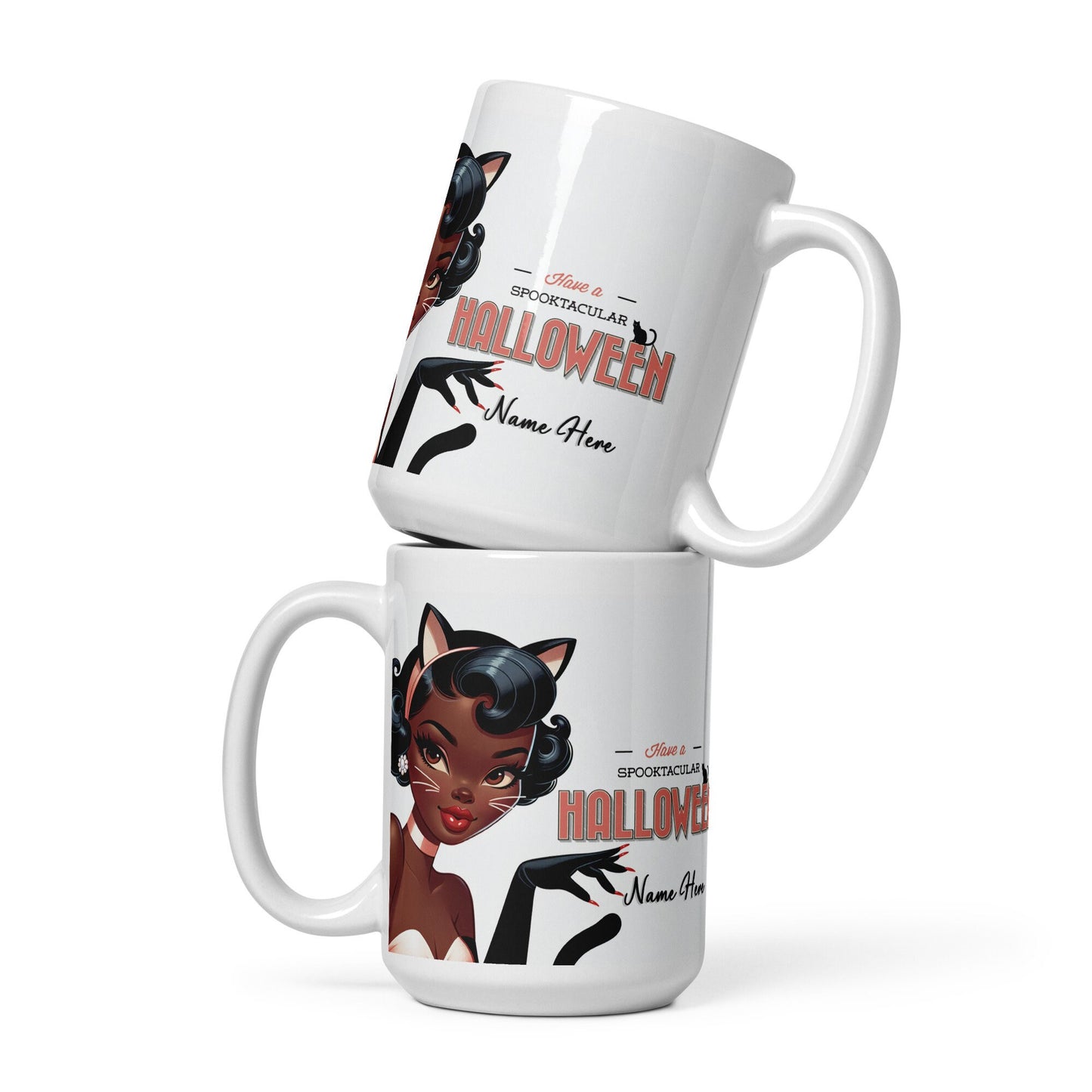 Happy Halloween Sexy Black Pin Up in Black Kitty Costume White glossy mug | Personalized Halloween Aesthetic Mug | Retro Black Pin Up Mug