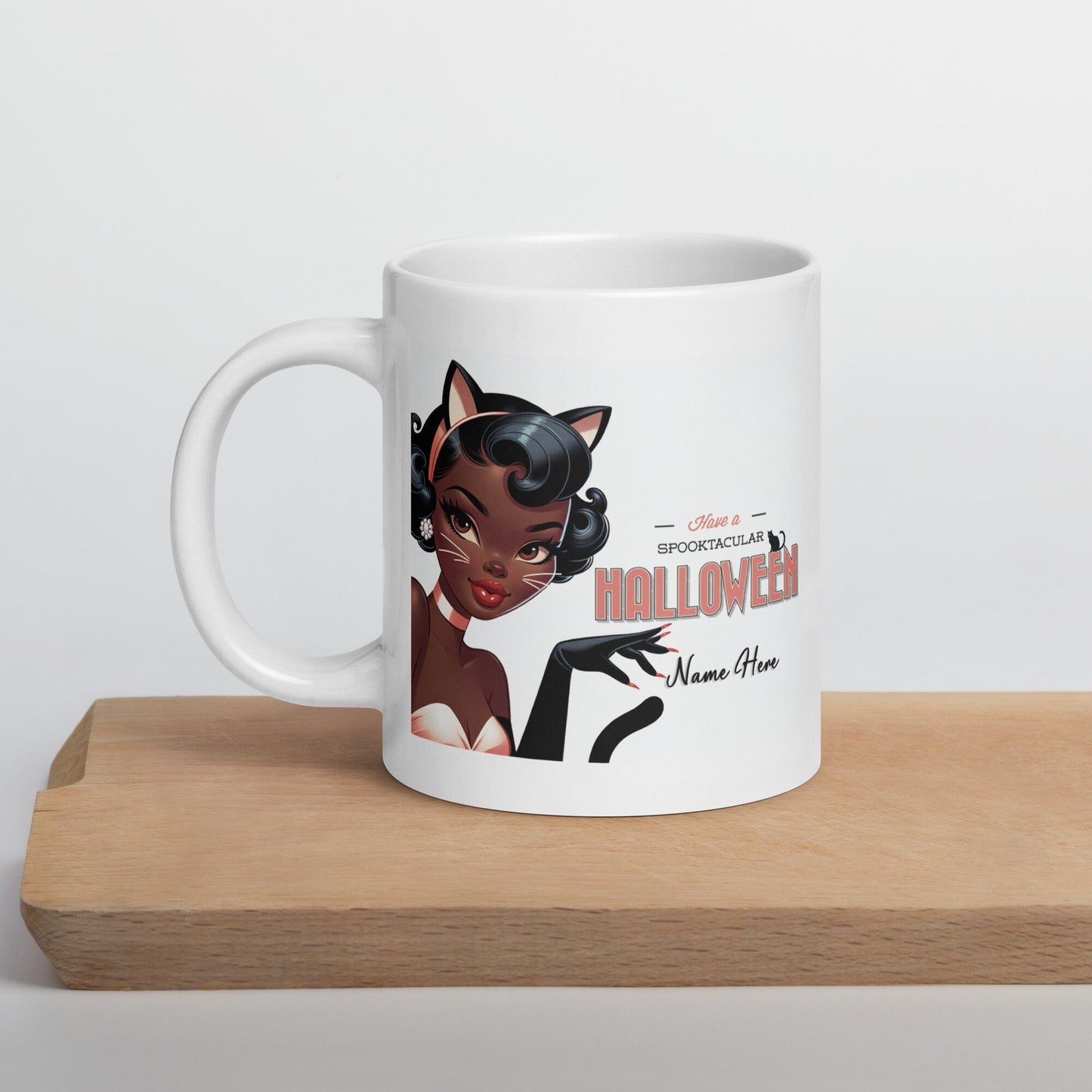 Happy Halloween Sexy Black Pin Up in Black Kitty Costume White glossy mug | Personalized Halloween Aesthetic Mug | Retro Black Pin Up Mug