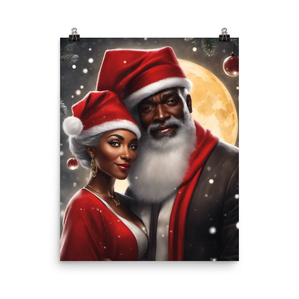 Black Santa and Mrs Claus Printed Artwork | Modern Black Santa and Mrs. Claus Christmas Wall Art | Wall Decor for the Holidays