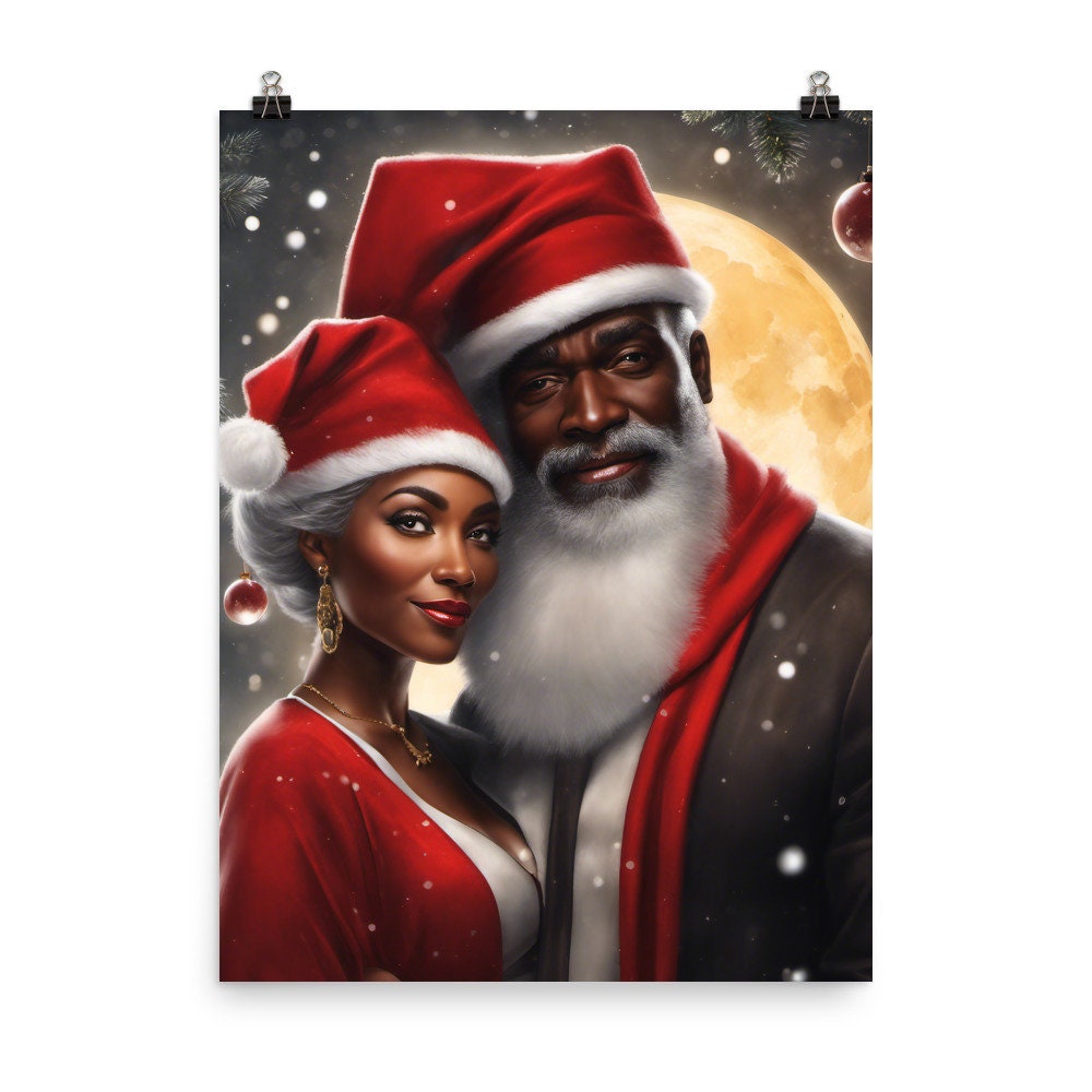 Black Santa and Mrs Claus Printed Artwork | Modern Black Santa and Mrs. Claus Christmas Wall Art | Wall Decor for the Holidays