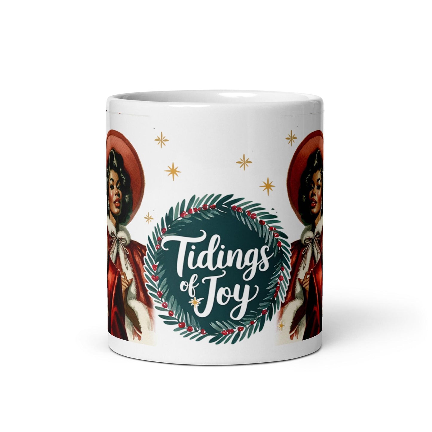 Modern Dapper Santa and Beautiful Mrs. Claus Mug with Tidings of Joy | Beautiful Modern Black Santa and Mrs. Claus Illustrated on 12 oz Mug.