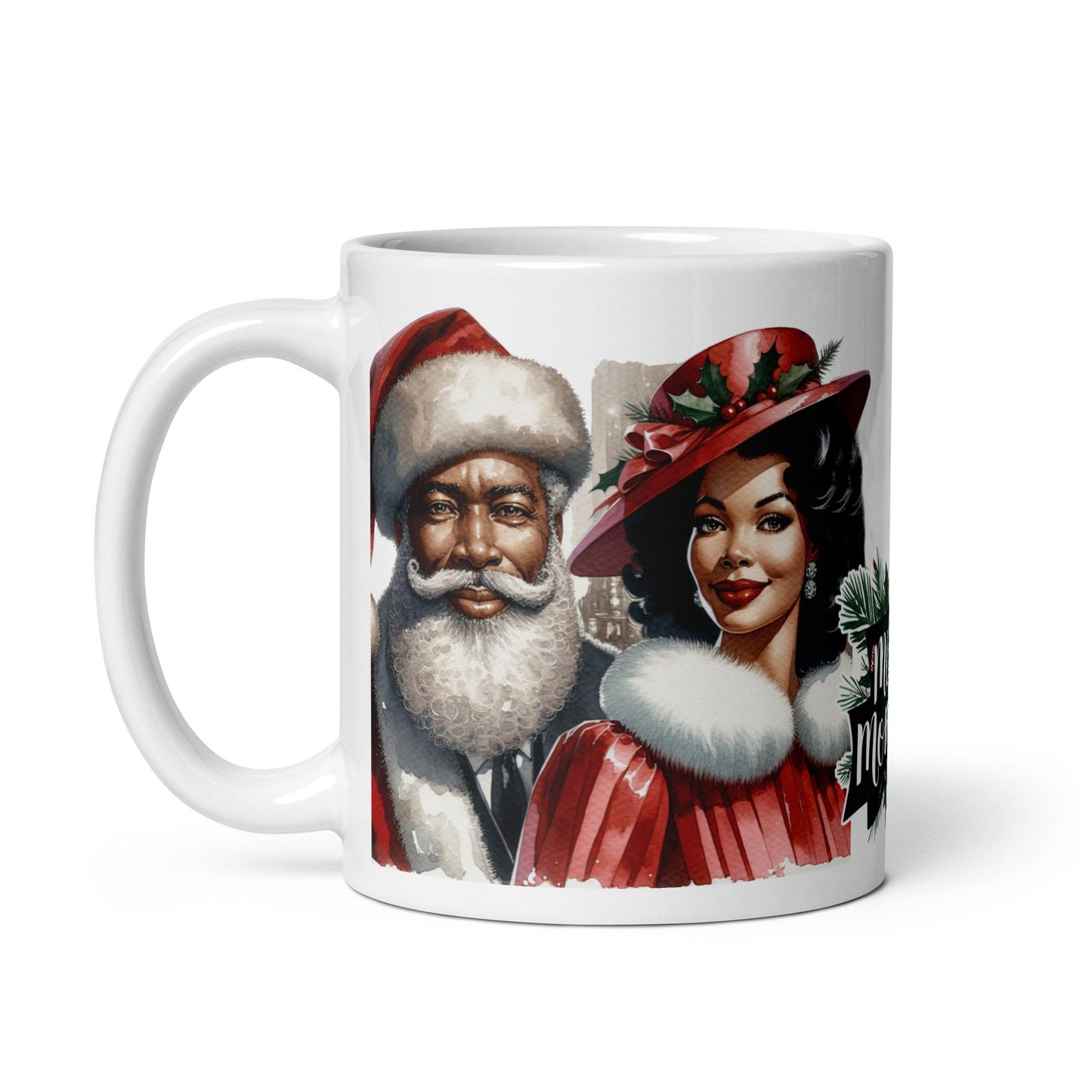 Modern Dapper Santa and Beautiful Mrs. Claus Mug with Merry Moments| Beautiful Modern Black Santa and Mrs. Claus Illustrated on 12 oz Mug.