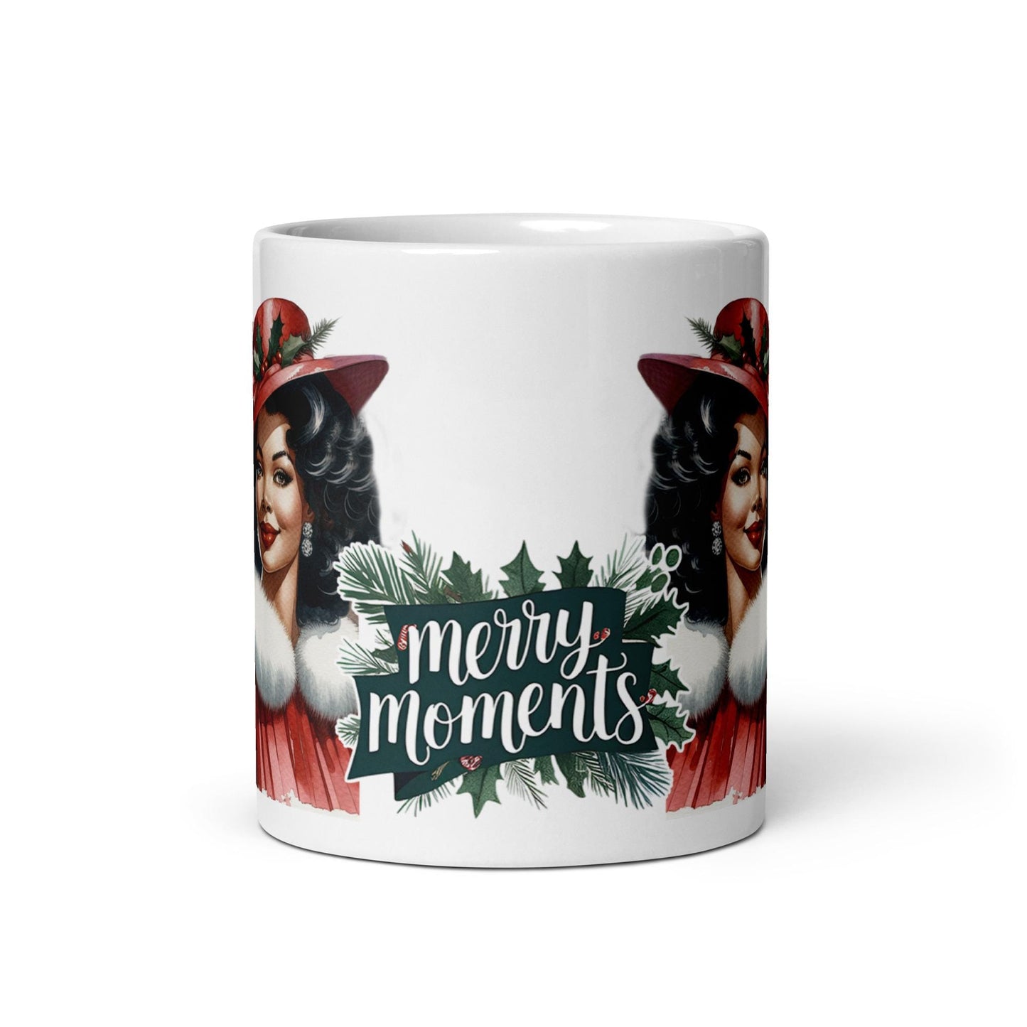Modern Dapper Santa and Beautiful Mrs. Claus Mug with Merry Moments| Beautiful Modern Black Santa and Mrs. Claus Illustrated on 12 oz Mug.