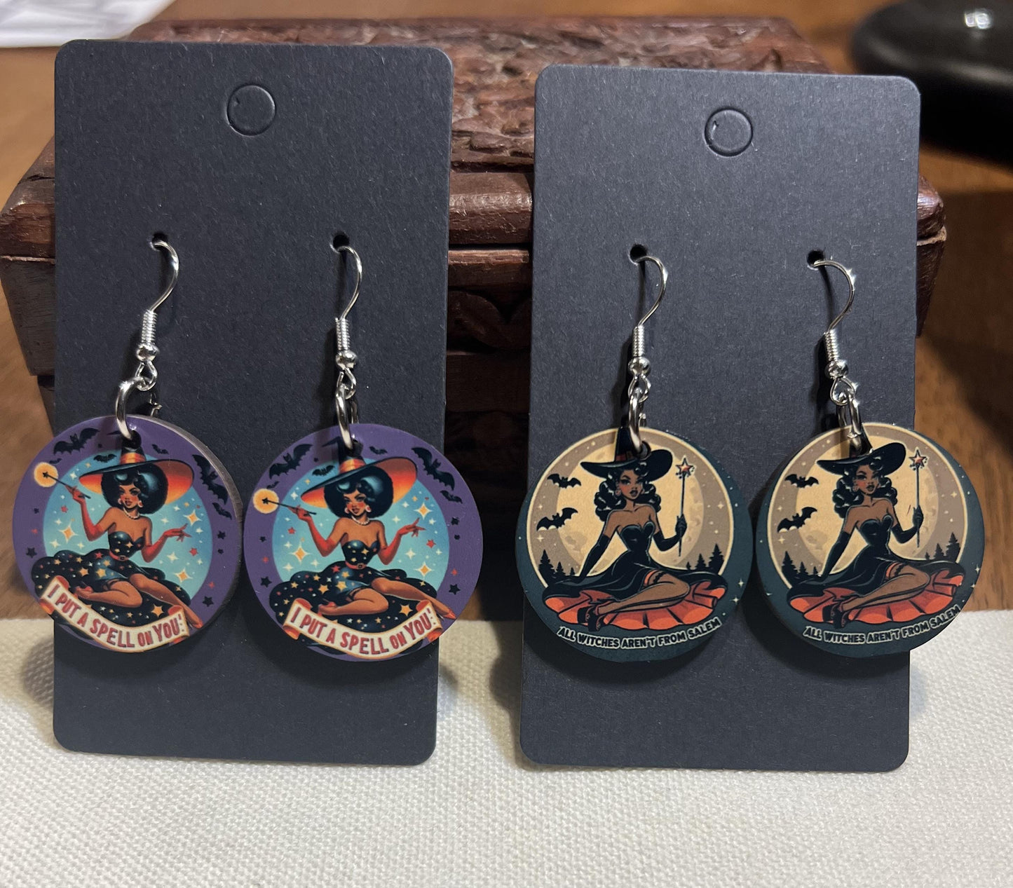 Halloween Spooky Earrings| Handmade Witch Inspired Spooky Season Designs | Vintage Halloween Pin Up Witch Illustrated Earrings