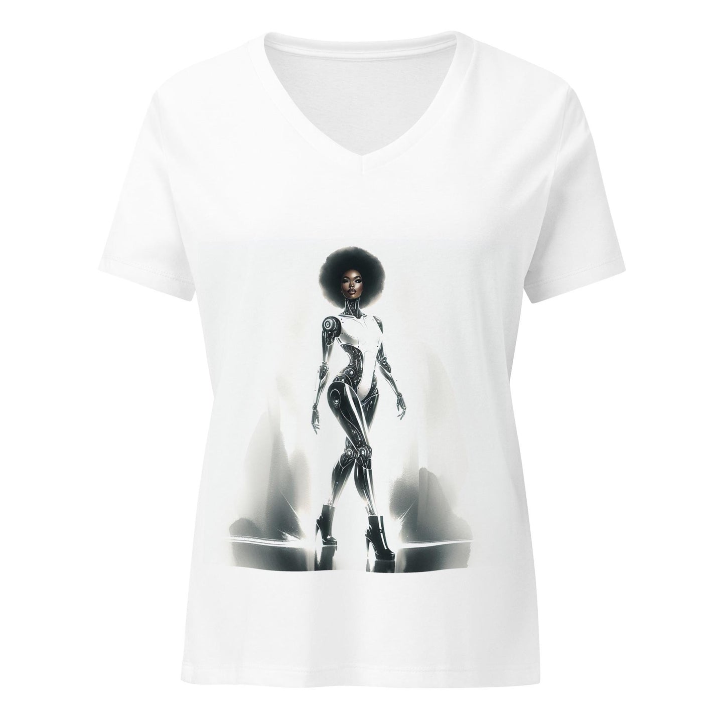 Cyborg in the City Women’s relaxed v neck T-shirt | Unique Space Age Designed T-shirt Gift for Him or Her Featuring Black Queen Cyborg