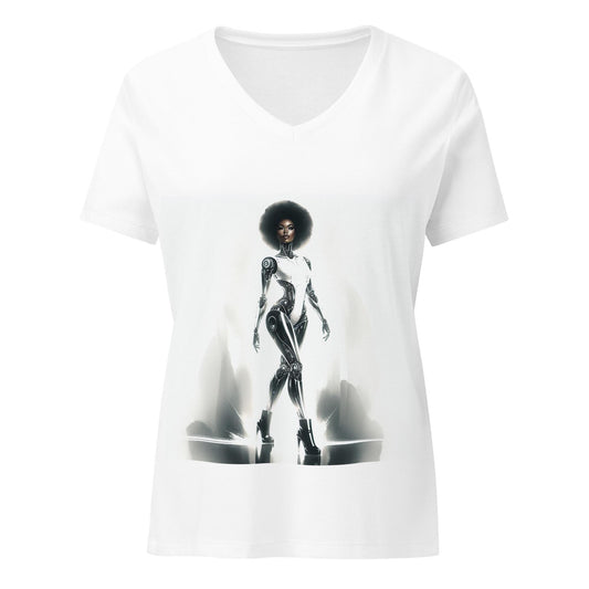 Cyborg in the City Women’s relaxed v neck T-shirt | Unique Space Age Designed T-shirt Gift for Him or Her Featuring Black Queen Cyborg