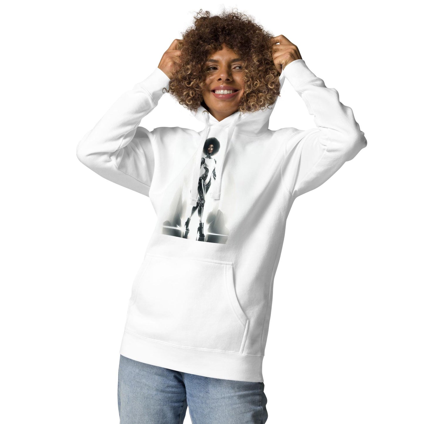Cyborg in the City Unisex Hoodie | Unique Space Age Designed Hoodie Gift for Him or Her Featuring Black Queen Cyborg Illustration