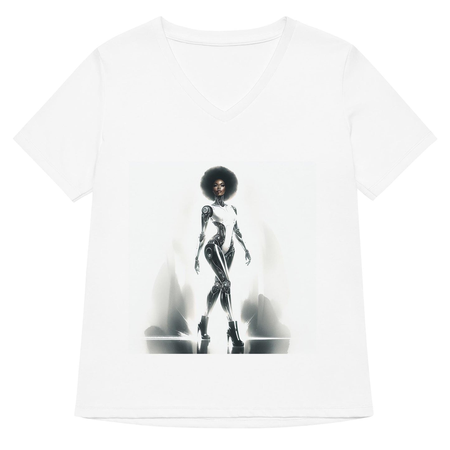 Cyborg in the City Women’s relaxed v neck T-shirt | Unique Space Age Designed T-shirt Gift for Him or Her Featuring Black Queen Cyborg