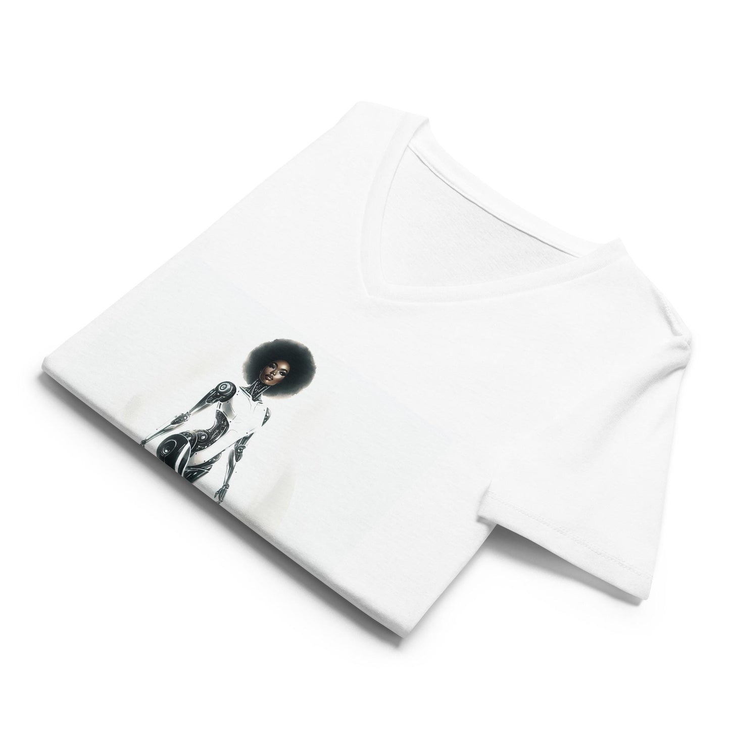 Cyborg in the City Women’s relaxed v neck T-shirt | Unique Space Age Designed T-shirt Gift for Him or Her Featuring Black Queen Cyborg