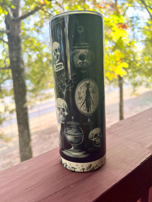 DAMAGE DISCOUNT - Goth  Skeleton Tumbler | 20oz Spooky Tumbler | Black Goth Skull Halloween Gift | Vintage Themed Halloween Aesthetic Gift