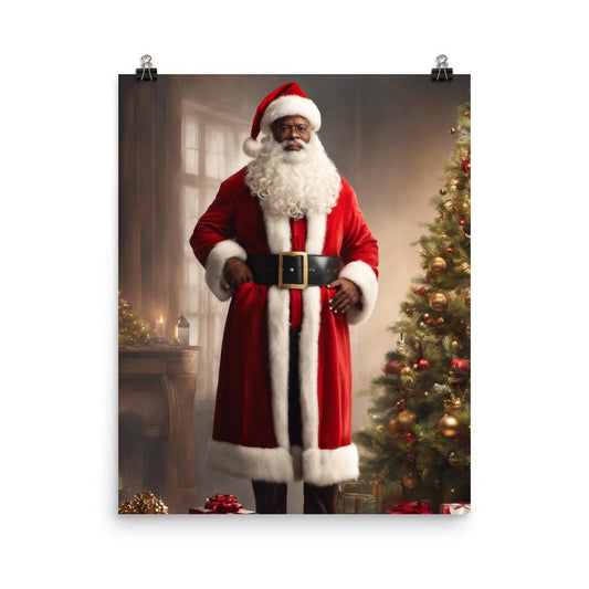 UNFRAMED Black Santa Standing with Christmas Tree Artwork | Vintage Christmas Poster Wall Art | Black Santa Wall Decor for the Holidays