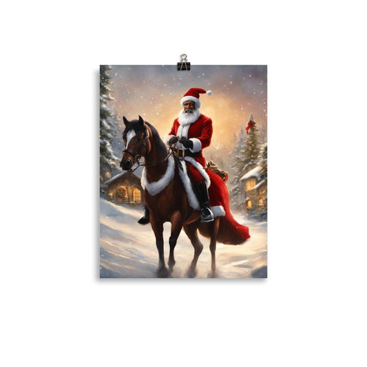 UNFRAMED Black Santa Riding a Horse Artwork | Vintage Christmas Wal Posterl Art | Black Santa Wall Decor for the Holidays