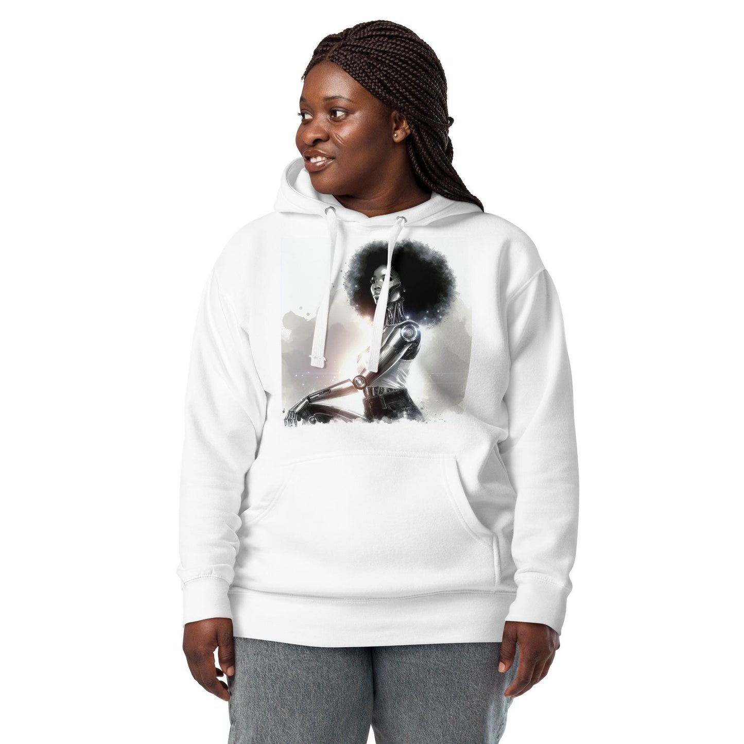 Afro futuristic Cyborg Unisex Hoodie | Unique Space Age Designed Hoodie Gift for Him or Her Featuring Black Queen Cyborg Illustration