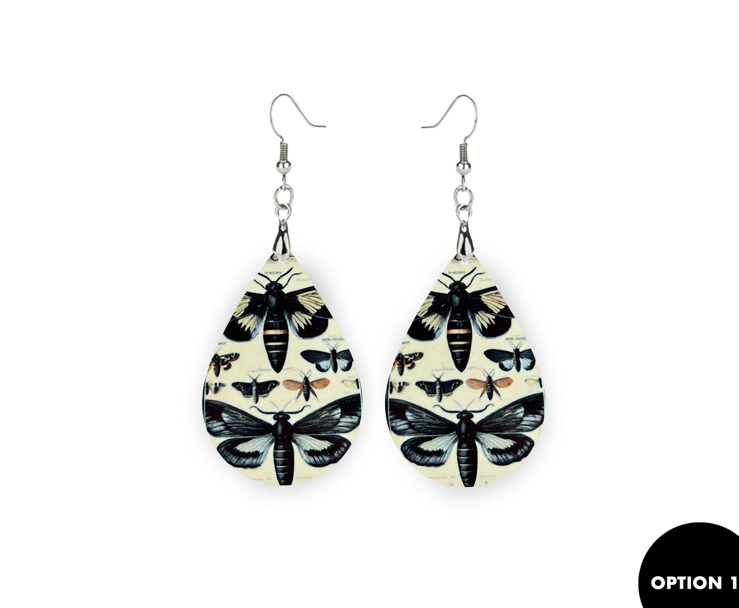 Beautiful Moth Dangle Teardrop Shaped Earrings| Handmade Moth Inspired Designs | Vintage Style Entomology Themed Moth Butterfly Earrings