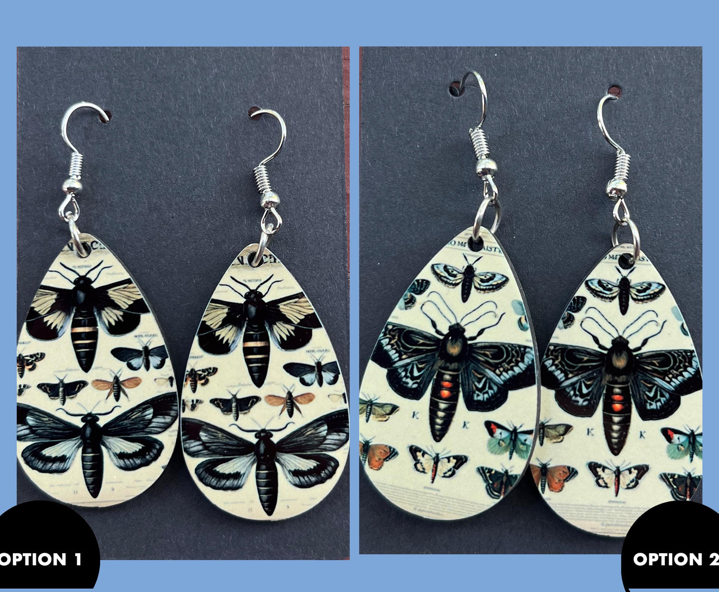 Beautiful Moth Dangle Teardrop Shaped Earrings| Handmade Moth Inspired Designs | Vintage Style Entomology Themed Moth Butterfly Earrings