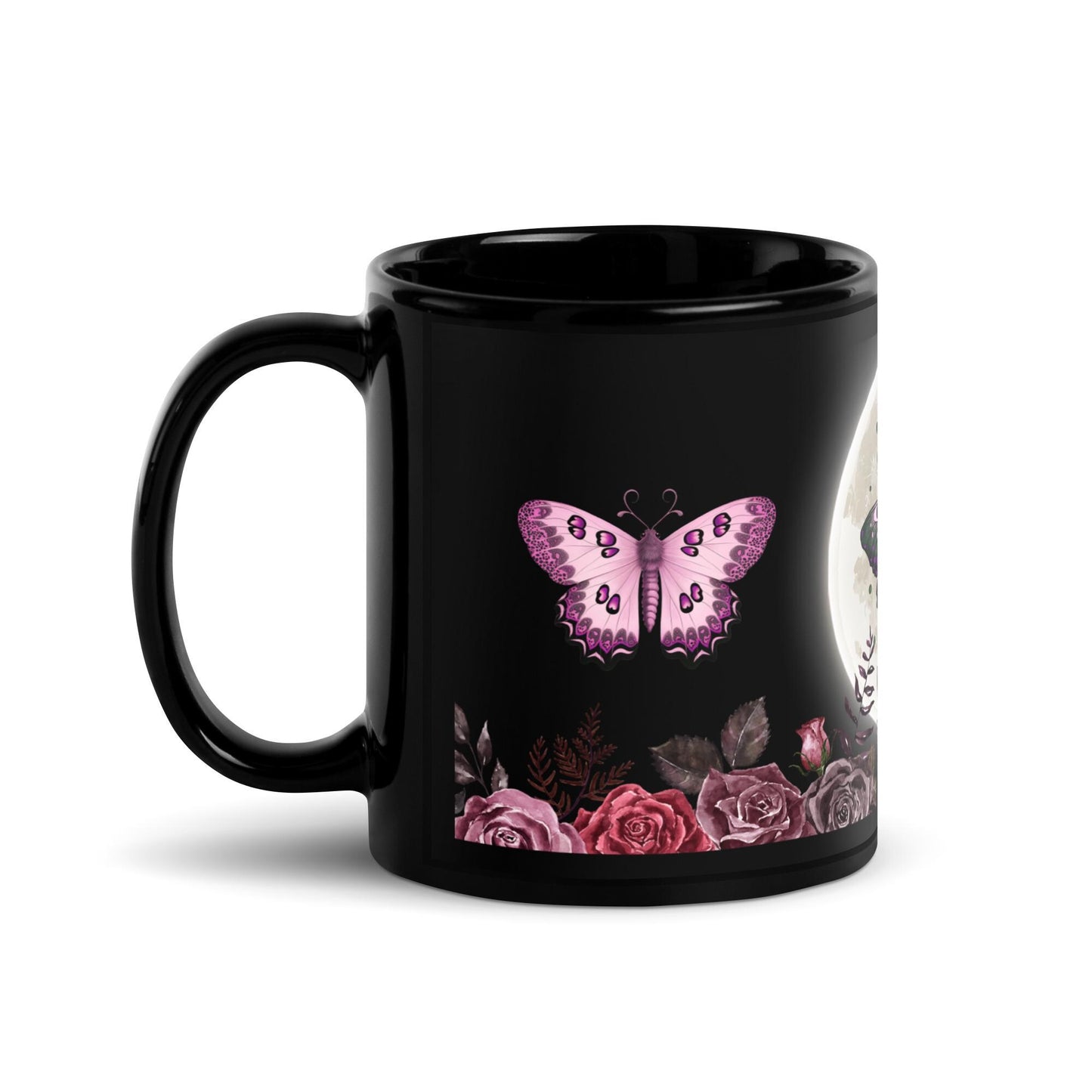 Black Glossy Mug for Moth Lover | Full Moon Moth Design | Pink Moth and Floral Coffee Cup, Cocoa or Tea Cup | 11oz or 15oz Mug HANDWASH ONLY