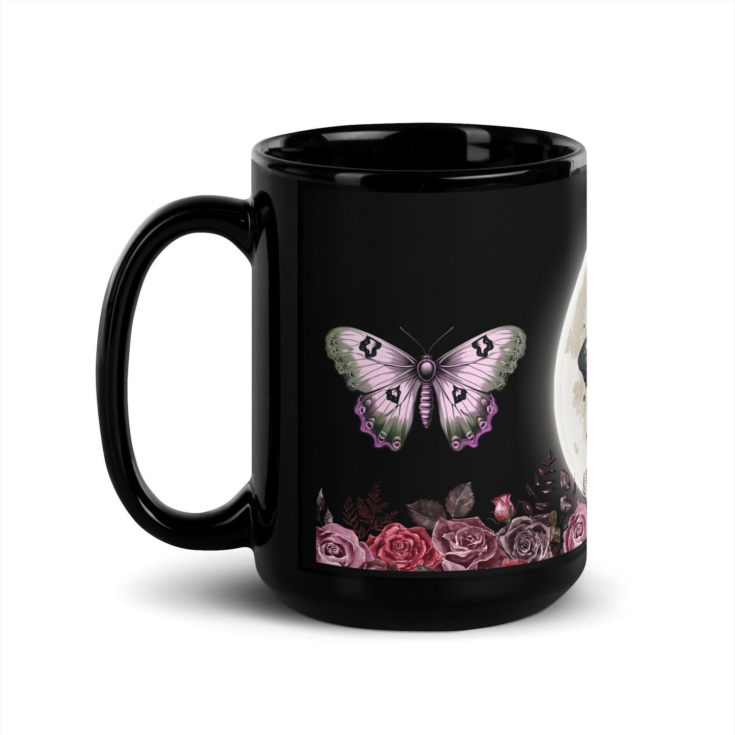 Black Glossy Mug for Moth Lover | Full Moon Moth Design | Pink Moth and Floral Coffee Cup, Cocoa or Tea Cup | 11oz or 15oz Mug HANDWASH ONLY