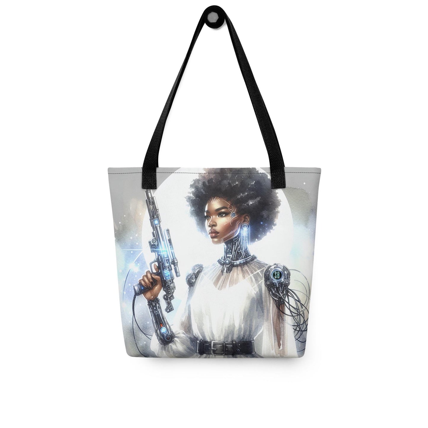 Futuristic Handgun Afro-Futuristic Cyborg Tote bag |Aesthetic Tote with Melanin Queen with SciFi Illustrations for Black Women in tech Gift