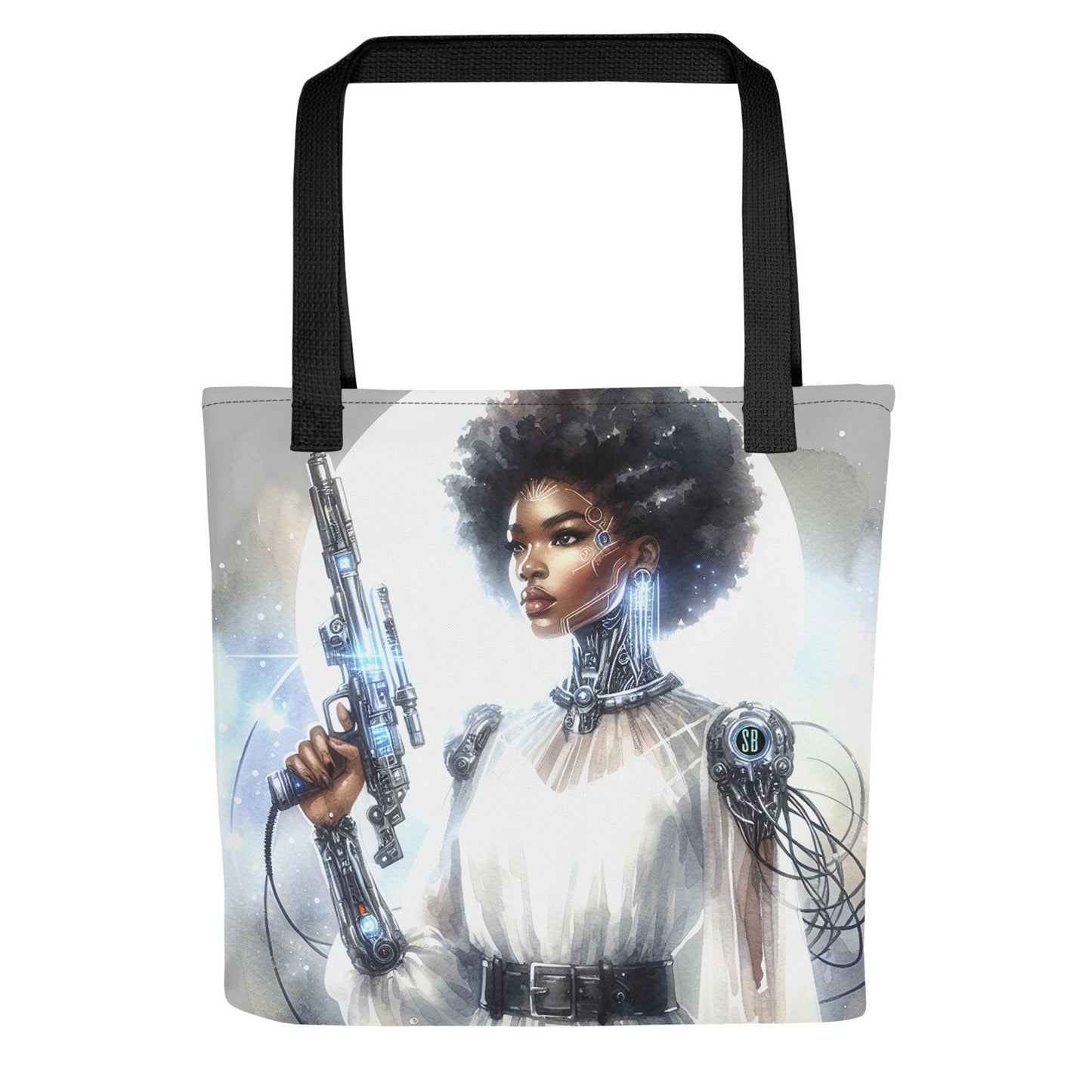 Futuristic Handgun Afro-Futuristic Cyborg Tote bag |Aesthetic Tote with Melanin Queen with SciFi Illustrations for Black Women in tech Gift