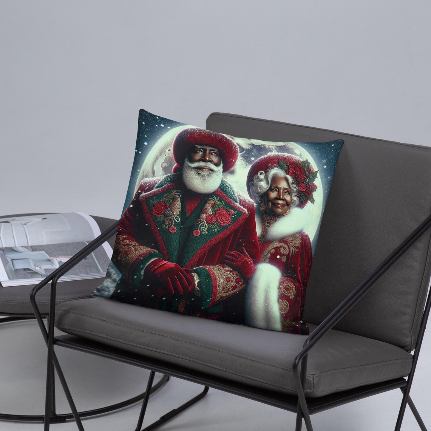 18" x  18" Cosmic Pillow with Black Santa and Mrs Claus and moon | Afro Futuristic Christmas Decor | Black Girl Christmas Gift for Her