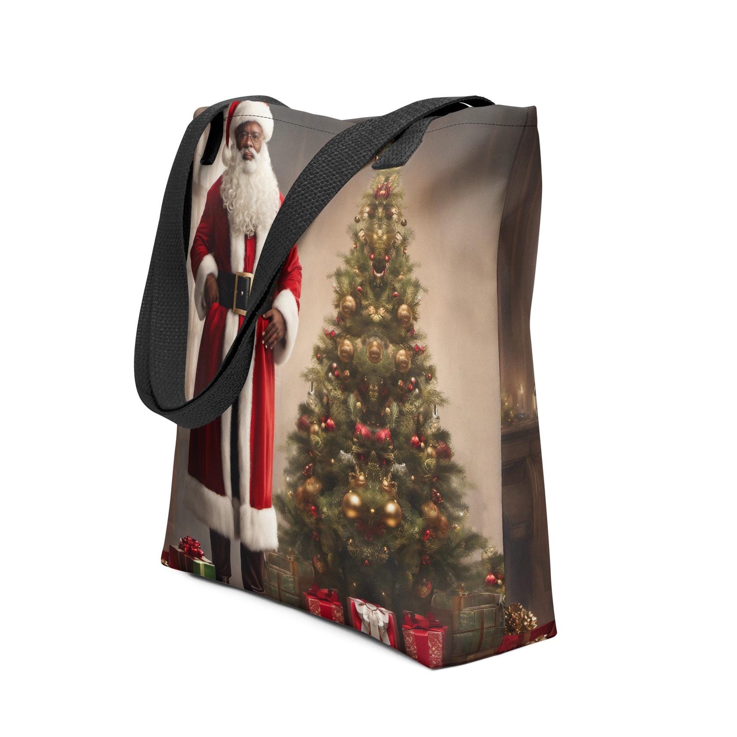 Black Santa Standing with Christmas Tote Bag| Vintage Christmas Art featuring Black Santa | Durable Tote for the Holidays