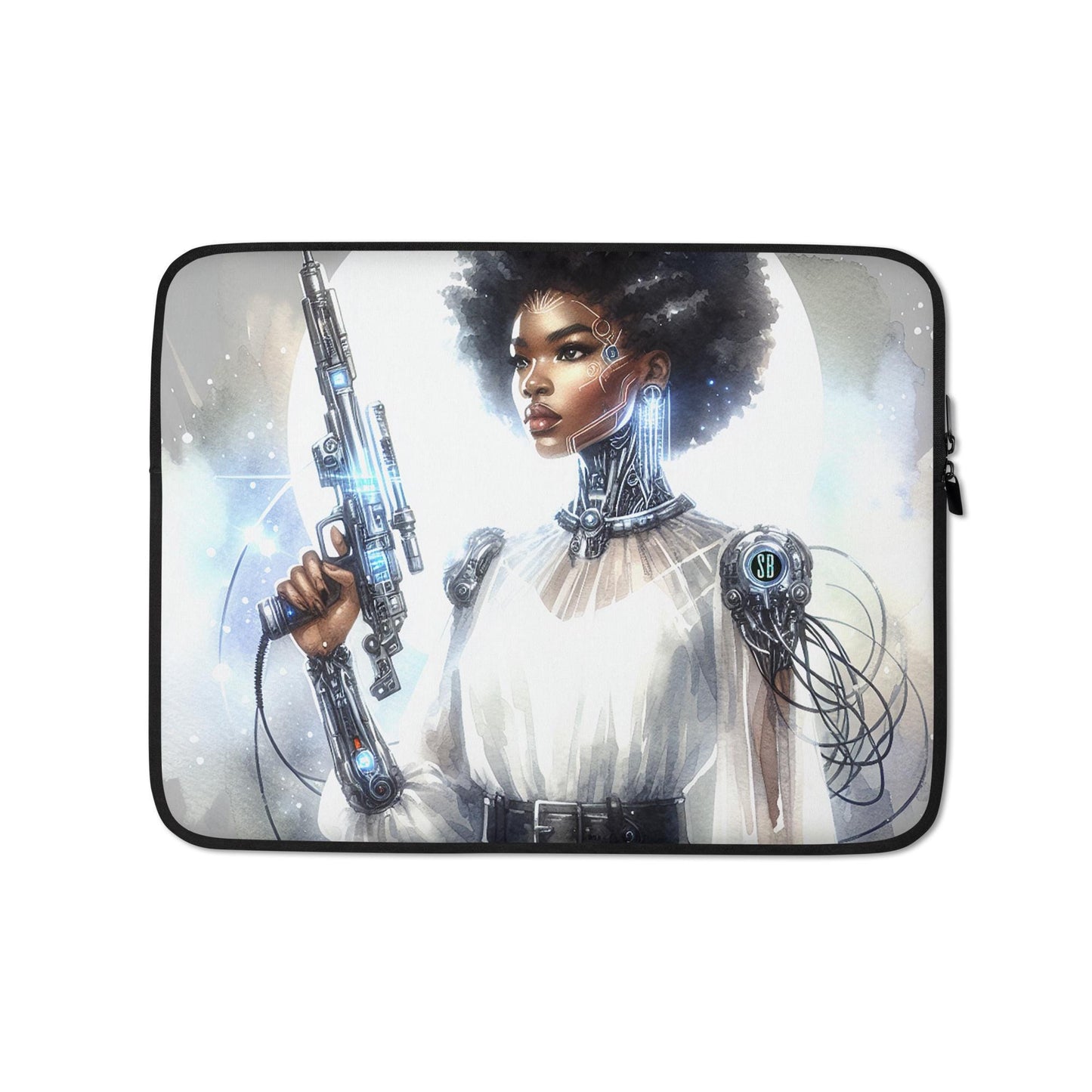Futuristic Handgun Afro-Futuristic Queen Cyborg Laptop Sleeve |Aesthetic Laptop Sleeve Bag featuring Melanin Queen with Sci Fi Illustrations