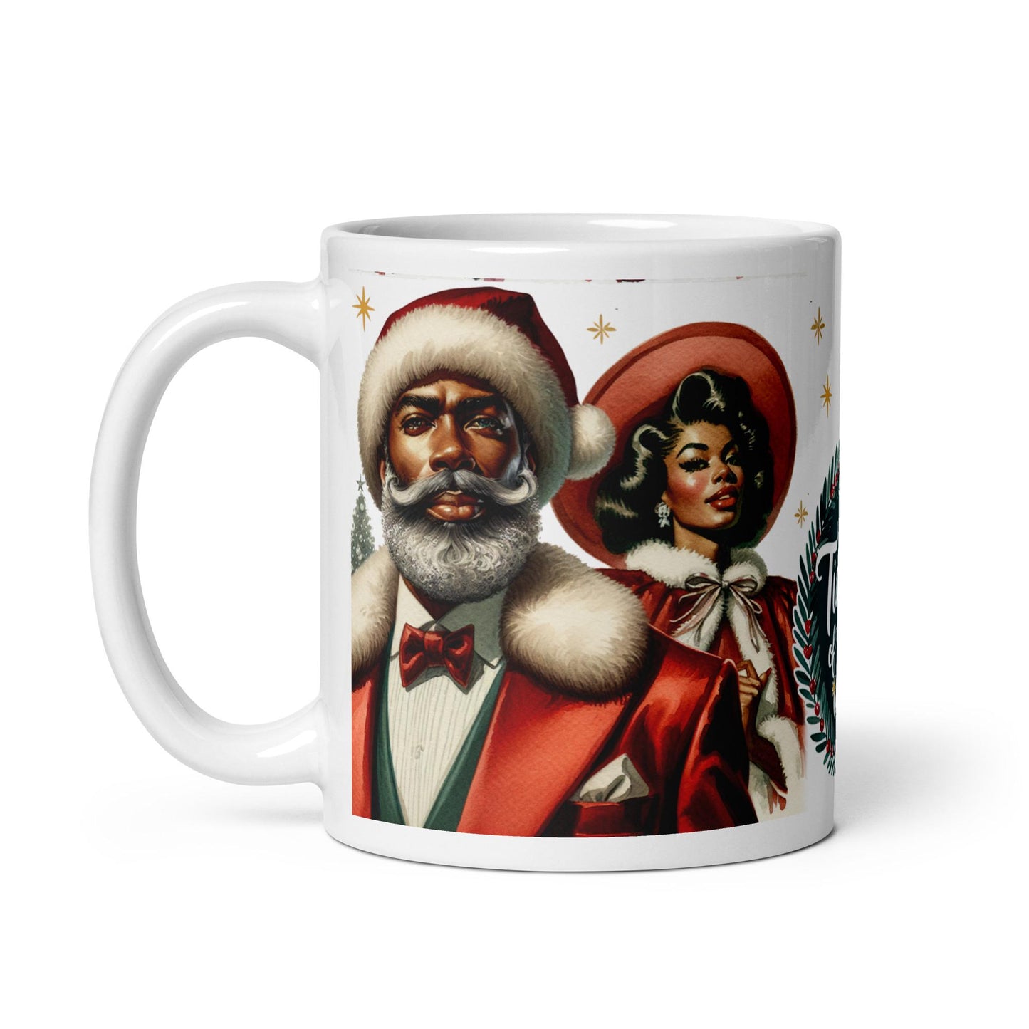 Modern Dapper Santa and Beautiful Mrs. Claus Mug with Tidings of Joy | Beautiful Modern Black Santa and Mrs. Claus Illustrated on 12 oz Mug.