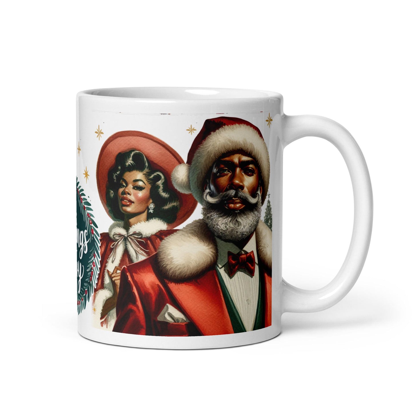 Modern Dapper Santa and Beautiful Mrs. Claus Mug with Tidings of Joy | Beautiful Modern Black Santa and Mrs. Claus Illustrated on 12 oz Mug.