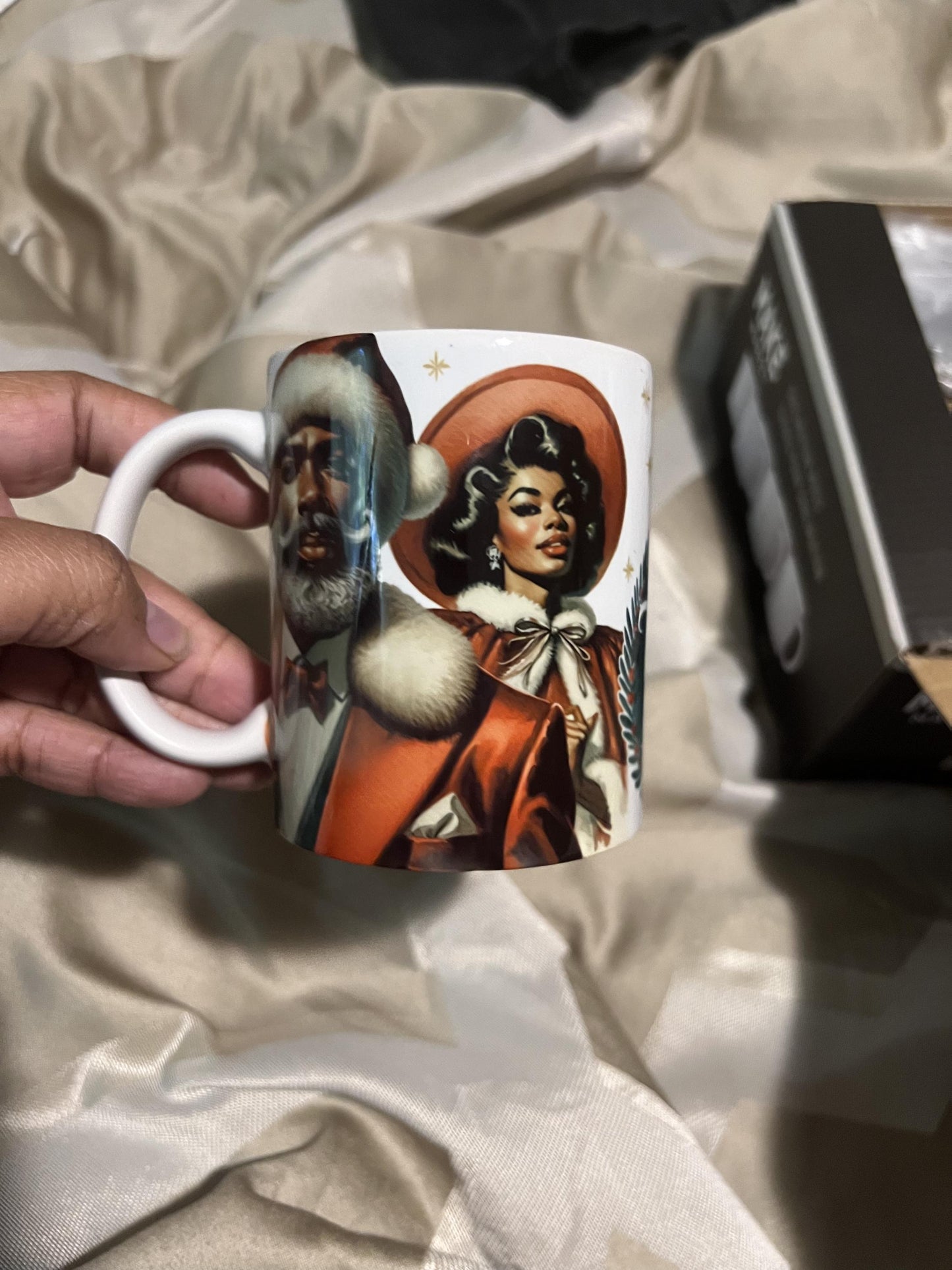 Modern Dapper Santa and Beautiful Mrs. Claus Mug with Tidings of Joy | Beautiful Modern Black Santa and Mrs. Claus Illustrated on 12 oz Mug.