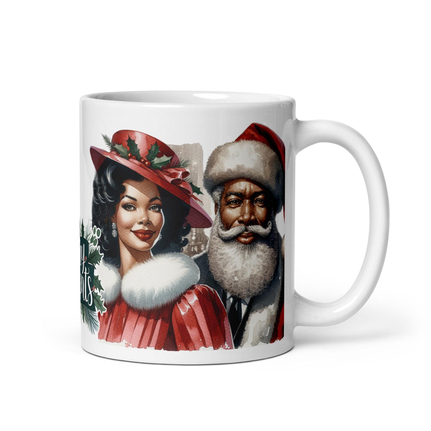 Modern Dapper Santa and Beautiful Mrs. Claus Mug with Merry Moments| Beautiful Modern Black Santa and Mrs. Claus Illustrated on 12 oz Mug.