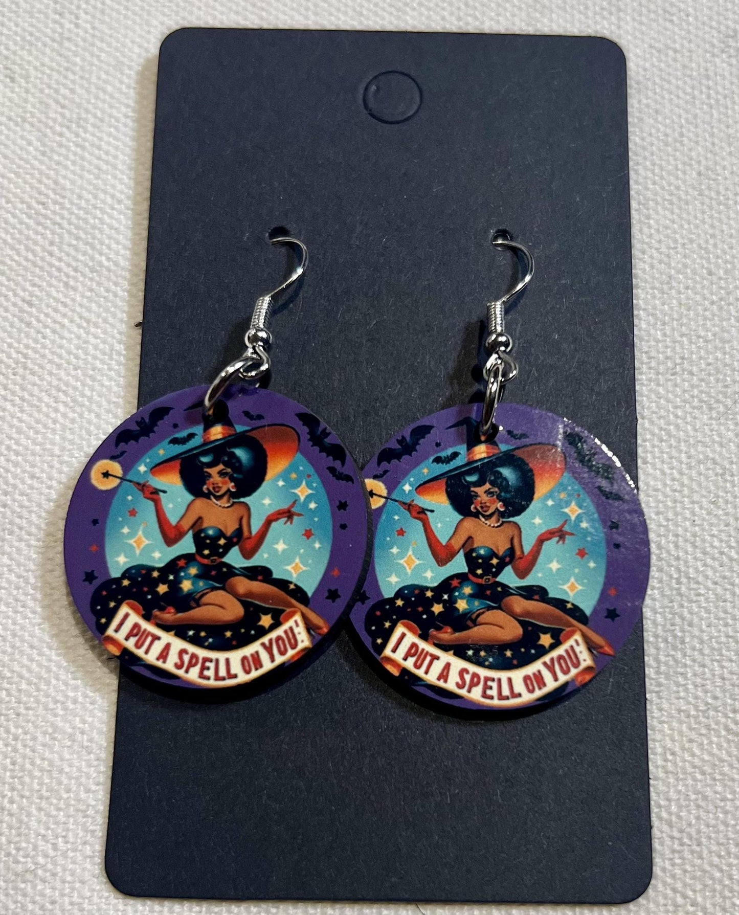 Halloween Spooky Earrings| Handmade Witch Inspired Spooky Season Designs | Vintage Halloween Pin Up Witch Illustrated Earrings