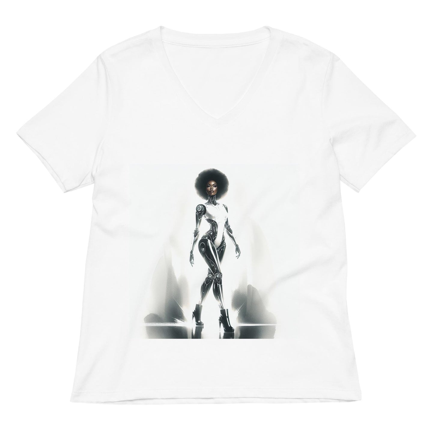 Cyborg in the City Women’s relaxed v neck T-shirt | Unique Space Age Designed T-shirt Gift for Him or Her Featuring Black Queen Cyborg