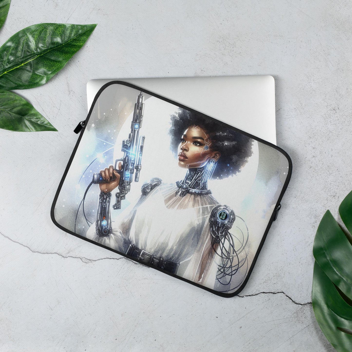 Futuristic Handgun Afro-Futuristic Queen Cyborg Laptop Sleeve |Aesthetic Laptop Sleeve Bag featuring Melanin Queen with Sci Fi Illustrations