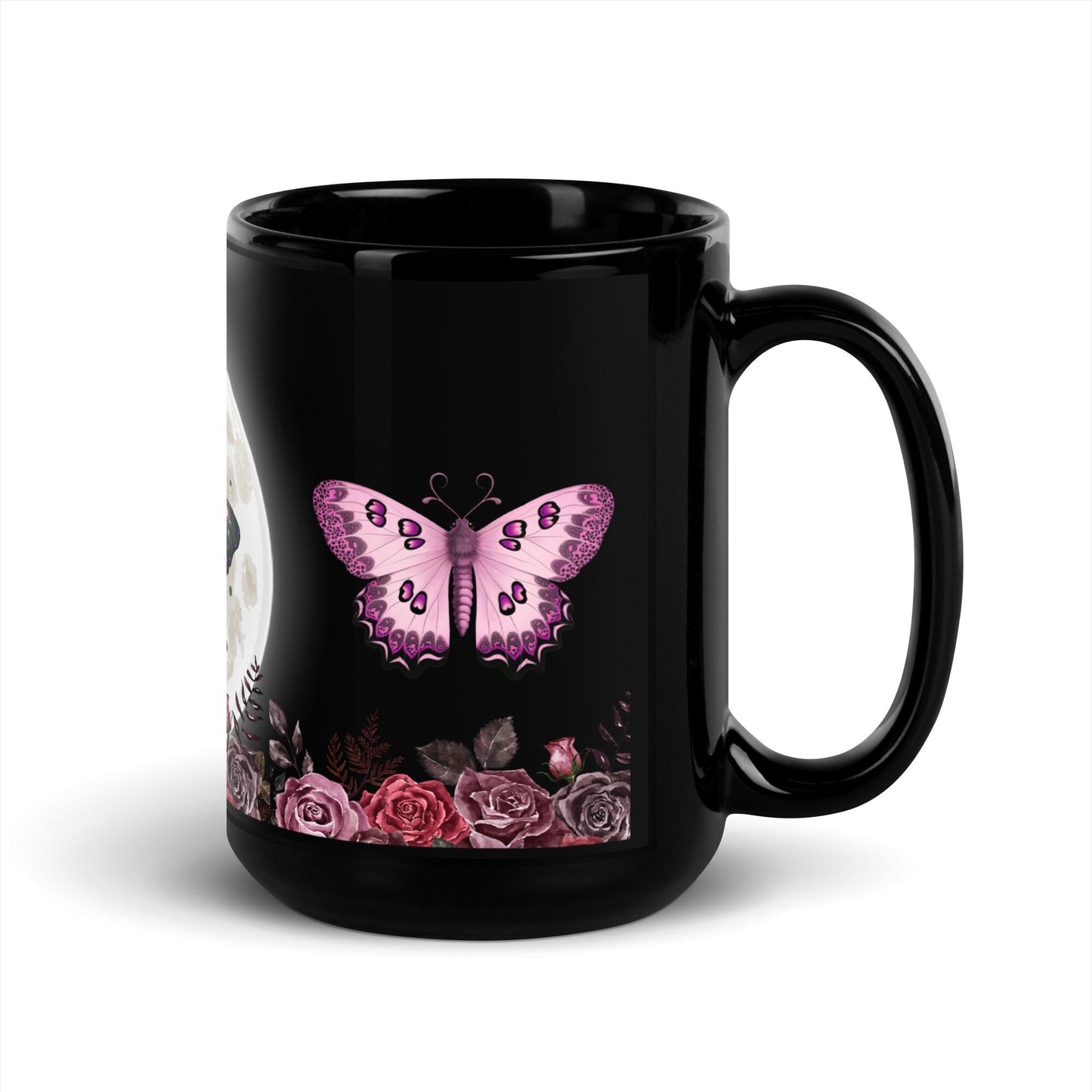 Black Glossy Mug for Moth Lover | Full Moon Moth Design | Pink Moth and Floral Coffee Cup, Cocoa or Tea Cup | 11oz or 15oz Mug HANDWASH ONLY