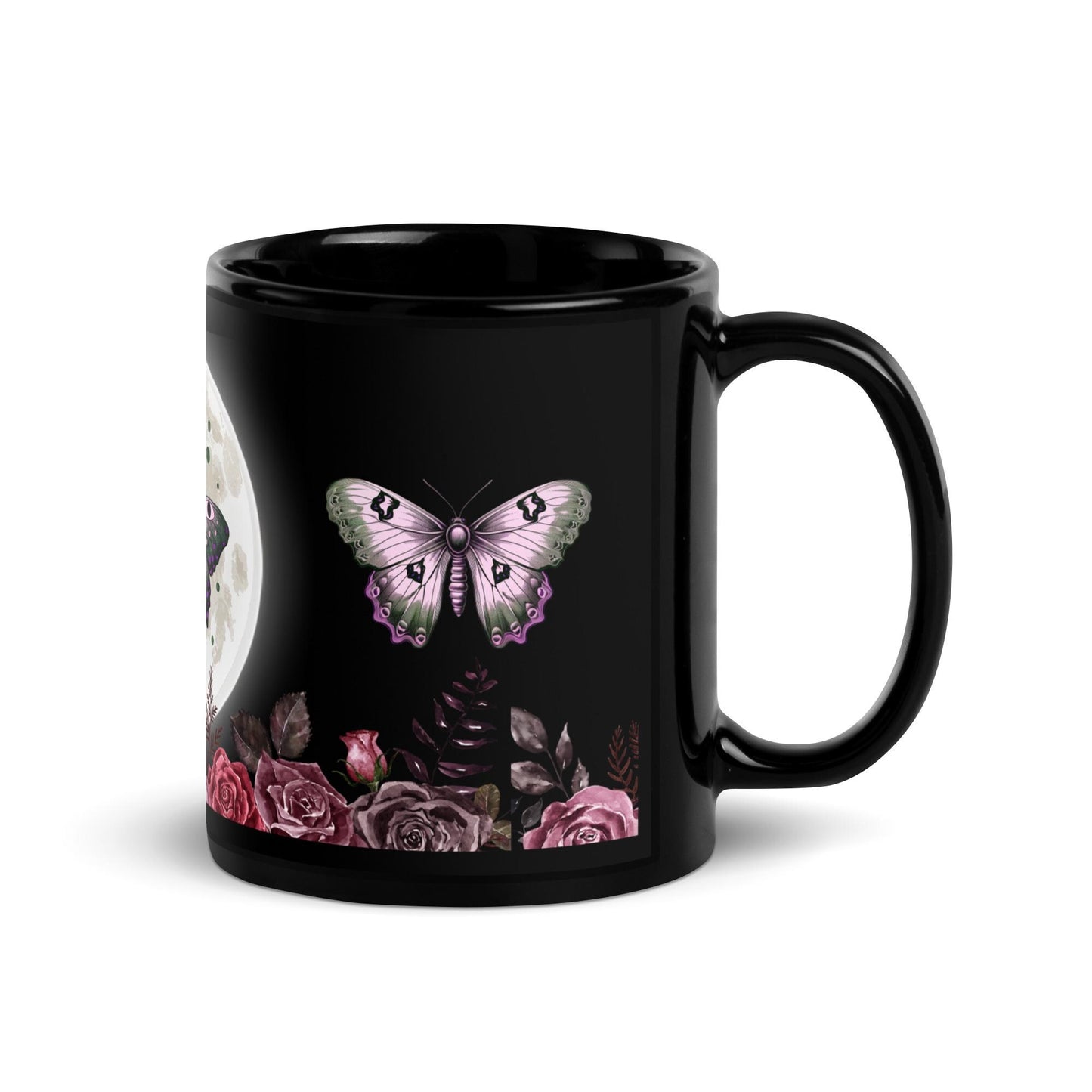 Black Glossy Mug for Moth Lover | Full Moon Moth Design | Pink Moth and Floral Coffee Cup, Cocoa or Tea Cup | 11oz or 15oz Mug HANDWASH ONLY