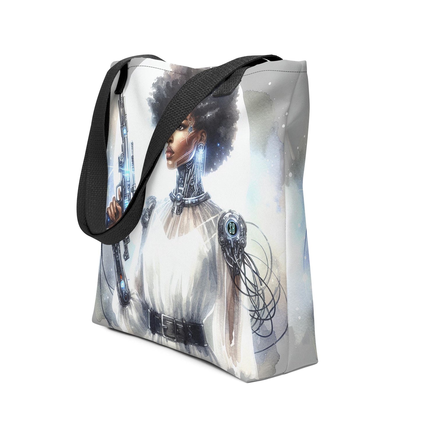 Futuristic Handgun Afro-Futuristic Cyborg Tote bag |Aesthetic Tote with Melanin Queen with SciFi Illustrations for Black Women in tech Gift