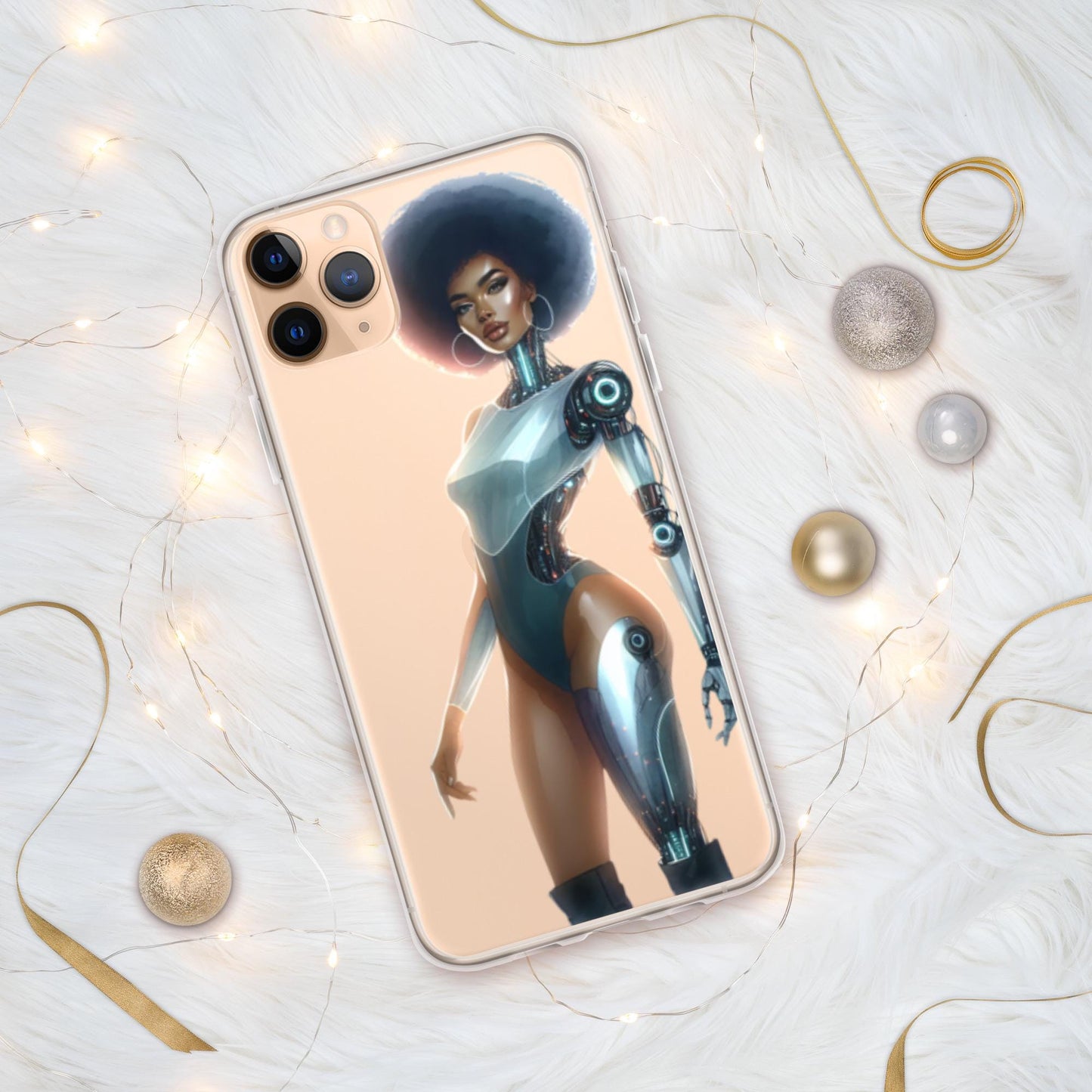Bionic Afro Futuristic Woman iPhone or Samsung Case | Cyborg African American Woman Featured on Clear Phone Case | Unique Phone Case