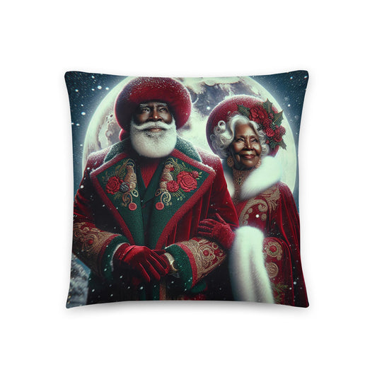 18" x  18" Cosmic Pillow with Black Santa and Mrs Claus and moon | Afro Futuristic Christmas Decor | Black Girl Christmas Gift for Her