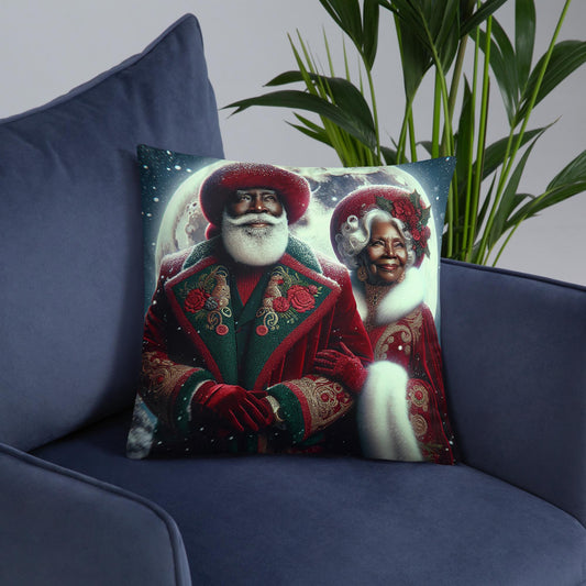 18" x  18" Cosmic Pillow with Black Santa and Mrs Claus and moon | Afro Futuristic Christmas Decor | Black Girl Christmas Gift for Her