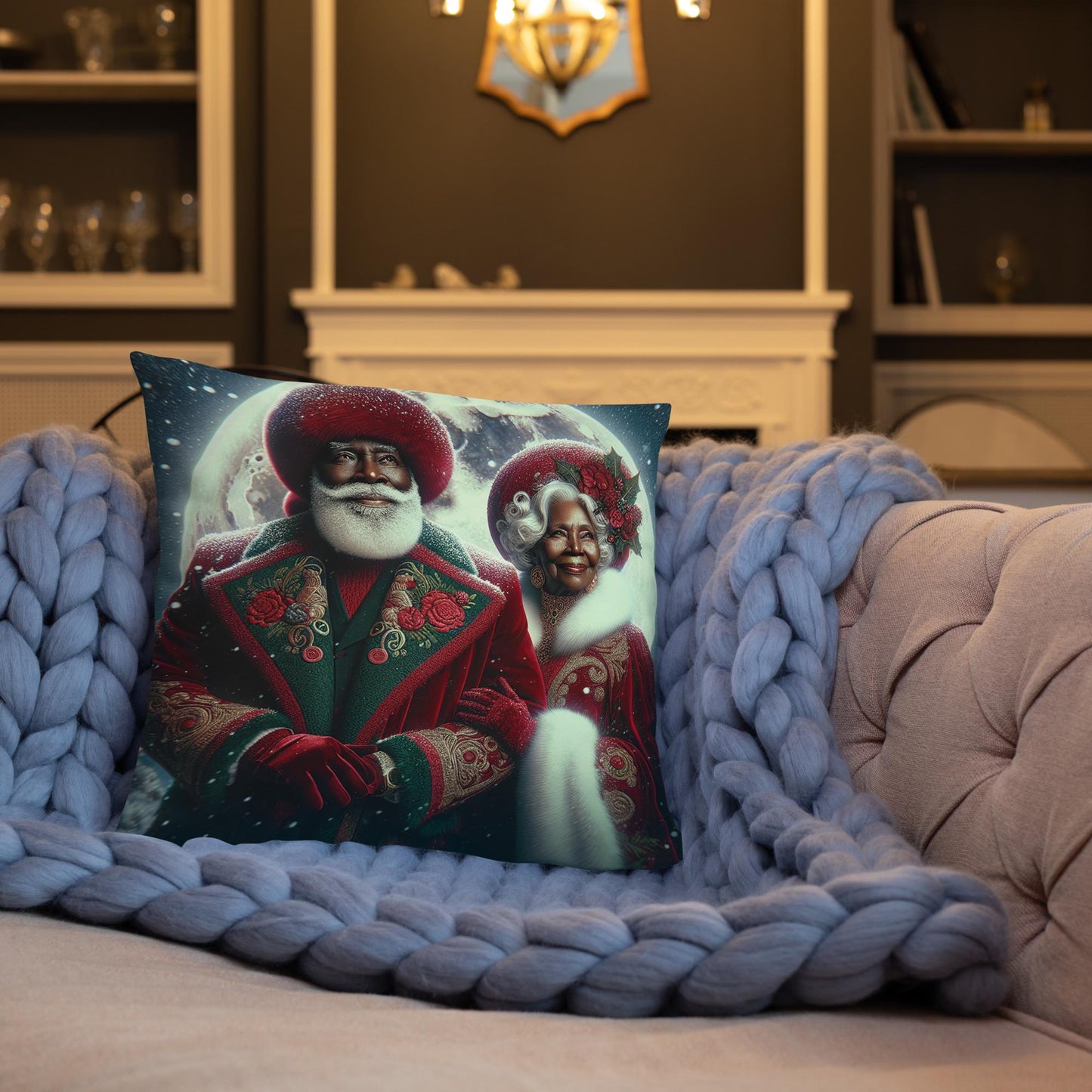 18" x  18" Cosmic Pillow with Black Santa and Mrs Claus and moon | Afro Futuristic Christmas Decor | Black Girl Christmas Gift for Her