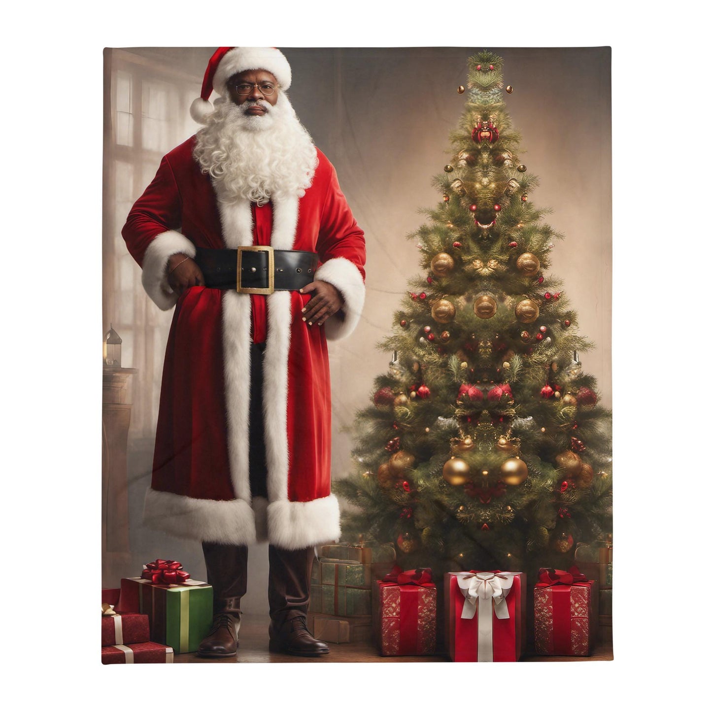 Black Santa Standing with Christmas Throw Blanket| Vintage Christmas Art featuring Black Santa | 50 by 60 inches Blanket for the Holidays