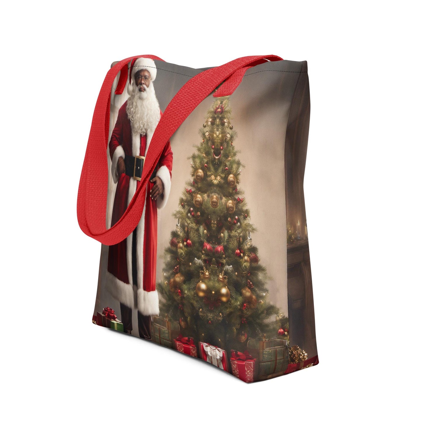 Black Santa Standing with Christmas Tote Bag| Vintage Christmas Art featuring Black Santa | Durable Tote for the Holidays