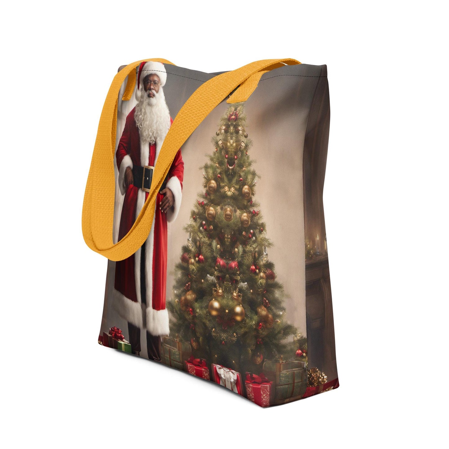 Black Santa Standing with Christmas Tote Bag| Vintage Christmas Art featuring Black Santa | Durable Tote for the Holidays