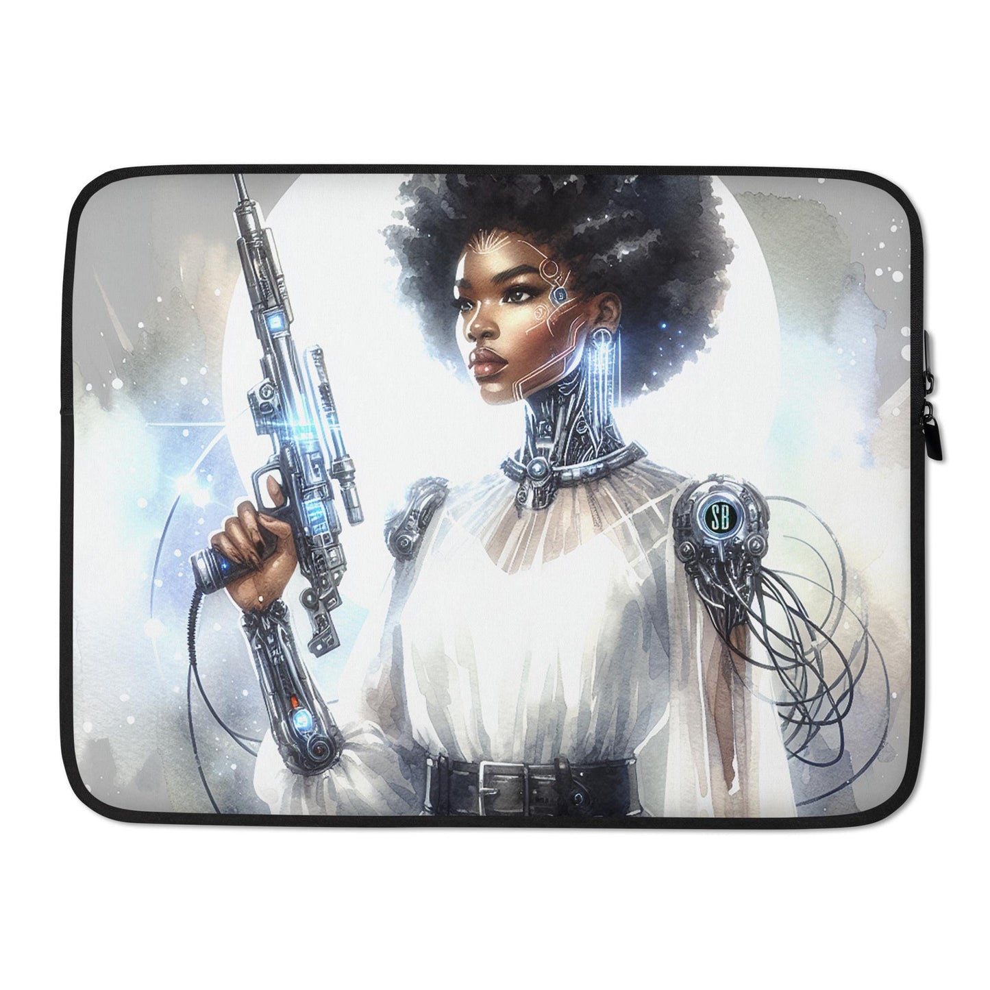 Futuristic Handgun Afro-Futuristic Queen Cyborg Laptop Sleeve |Aesthetic Laptop Sleeve Bag featuring Melanin Queen with Sci Fi Illustrations