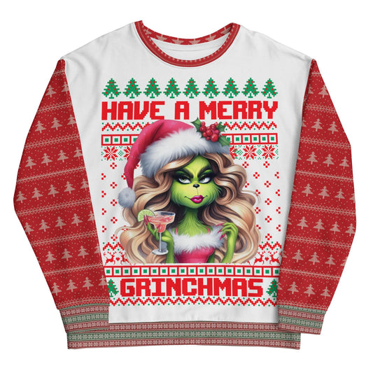 Girl Grich Unisex Sweatshirt All Over Print Ugly Christmas Sweater Design | Merry Grinchmas Sweater Design Unisex Sweatshirt for Christmas