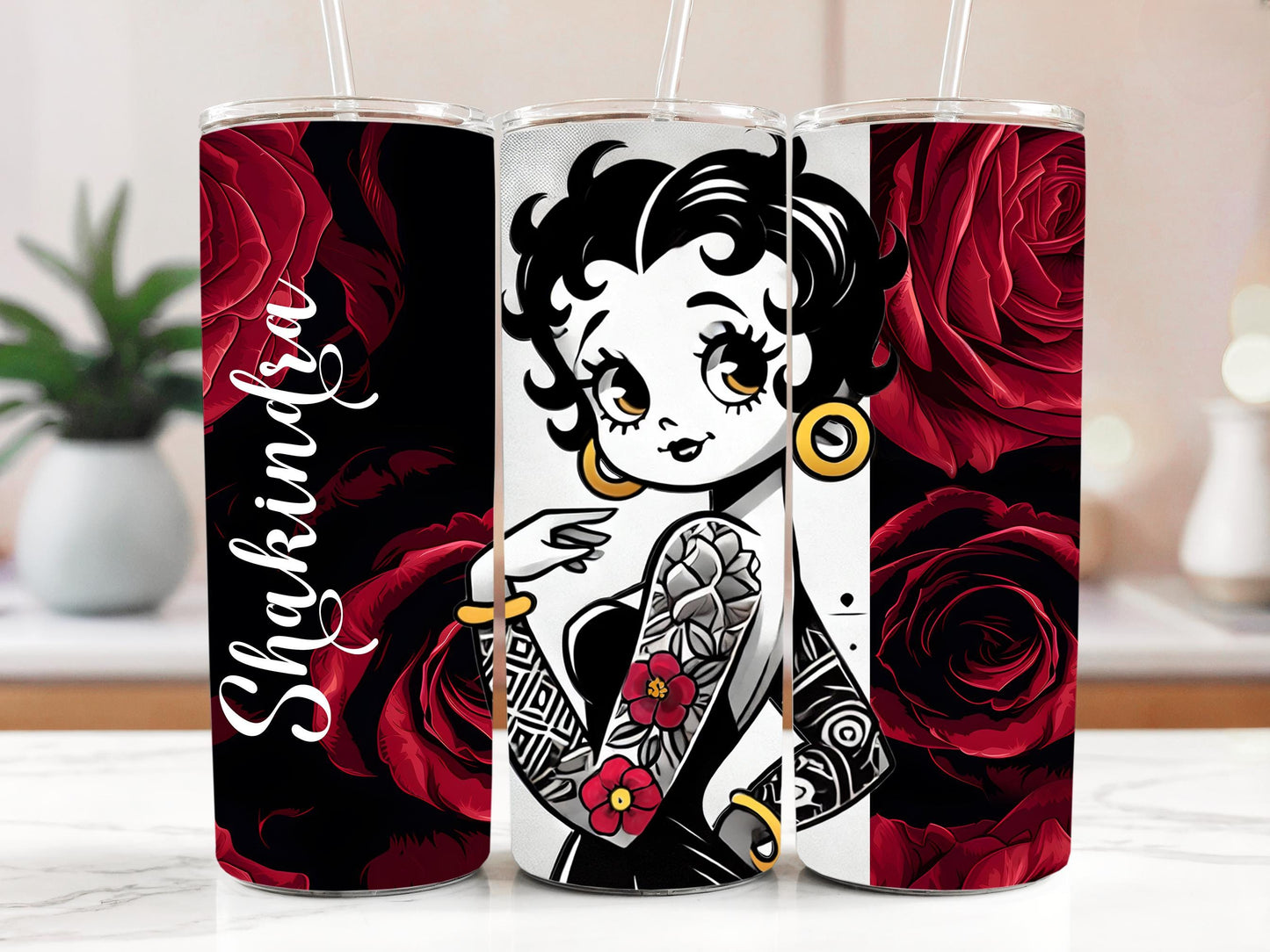 Personalized Betty Boop Unique Tumbler | 20oz Tumbler Gift | Vintage Themed Betty Boop Aesthetic Personalized Gift with Matching Earrings