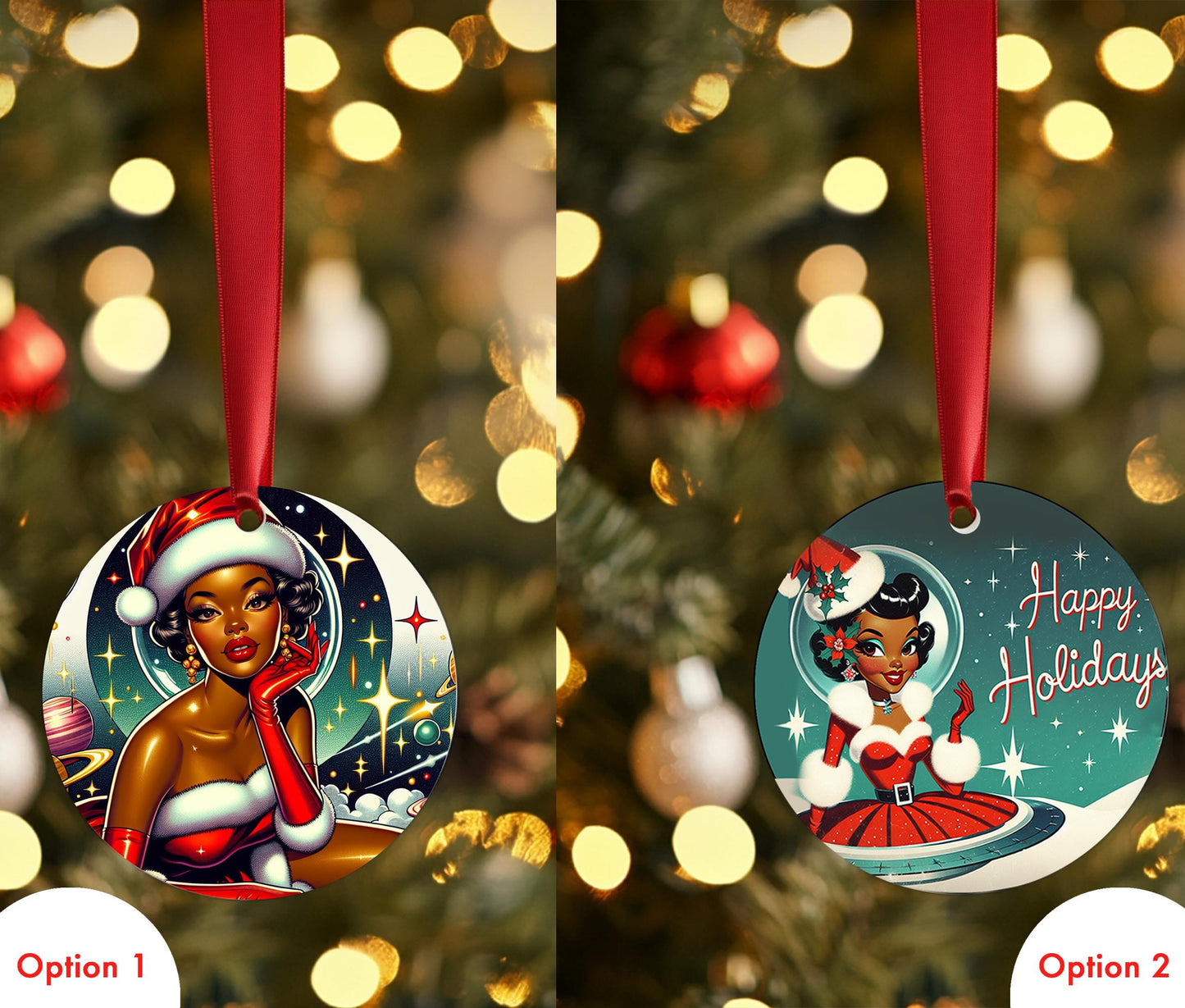 Space Age Beautiful African American Mrs. Claus Ornaments  | Unique Homemade and Custom Designed Black Girl Ornaments for Christmas Decor