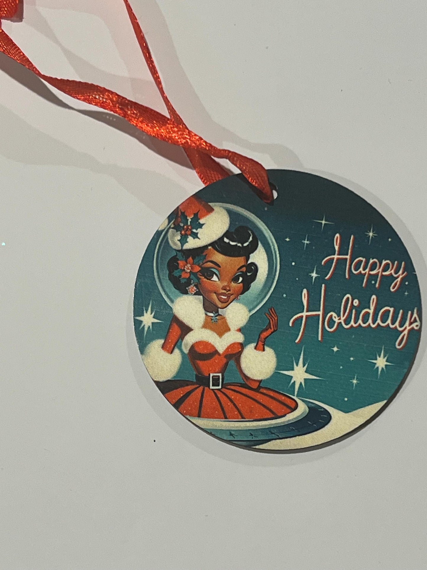 Space Age Beautiful African American Mrs. Claus Ornaments  | Unique Homemade and Custom Designed Black Girl Ornaments for Christmas Decor