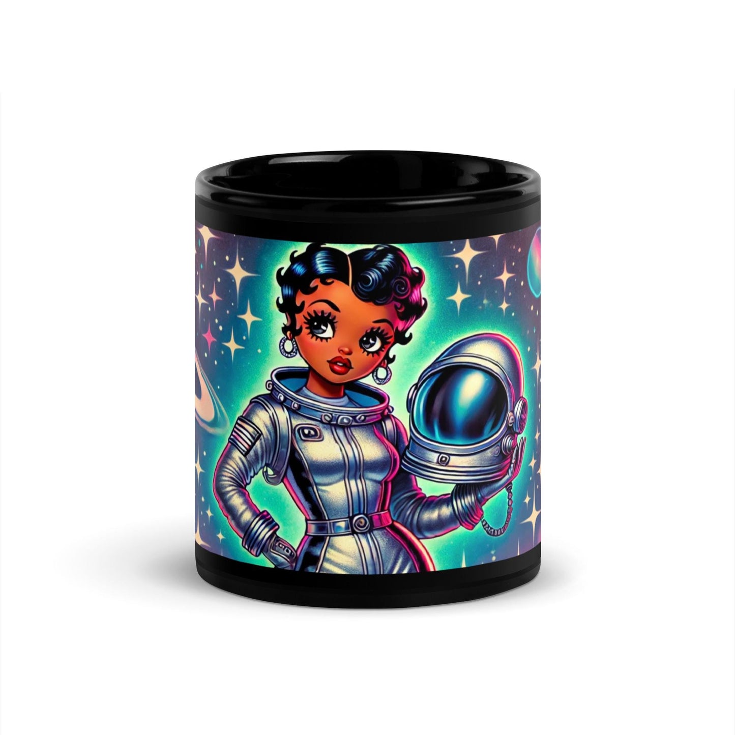 Space Age Black Betty Boop Black Glossy Mug | Classic Betty Boop Character as an Astronaut Gift for Coffee or Tea Lover| Unique Gift for Her